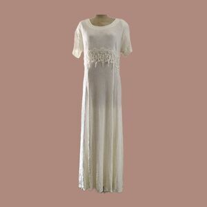 Vintage 1990s Ivory Short Sleeve Crochet Lace Long Coquette Midi Dress Size 12